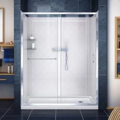 DreamLine Infinity-Z 76-3/4" High x 60" Wide Sliding Framed Shower Door with Clear Glass and 32" Deep x 60" Wide Shower Base with Right Drain