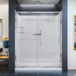 DreamLine Infinity-Z 76-3/4" High x 60" Wide Sliding Framed Shower Door with Clear Glass and 36" Deep x 60" Wide Shower Base with Center Drain