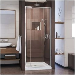 DreamLine Flex 74-3/4" High x 32" Wide Pivot Framed Shower Door with Clear Glass and 32" Deep x 32" Wide Shower Base with Center Drain