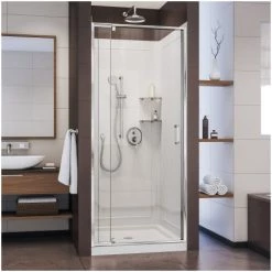 DreamLine Flex 76-3/4" High x 32" Wide Pivot Framed Shower Door with Clear Glass, 32" Deep x 32" Wide Shower Base with Center Drain, and Shower Backwalls