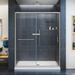 DreamLine Infinity-Z 74-3/4" High x 60" Wide 30" Deep Sliding Framed Shower Door with Clear Glass, SlimeLine Shower Base Kit, and Center Drain