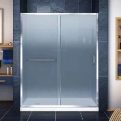 DreamLine Infinity-Z 74-3/4" High x 60" Wide 30" Deep Sliding Framed Shower Door with Frosted Glass, SlimeLine Shower Base Kit, and Left Drain