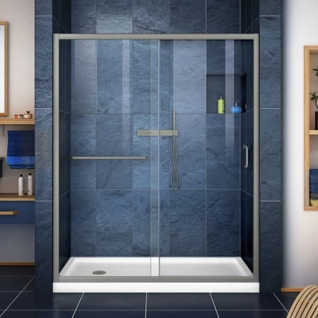 DreamLine Infinity-Z 74-3/4" High x 60" Wide 30" Deep Sliding Framed Shower Door with Clear Glass, SlimeLine Shower Base Kit, and Left Drain