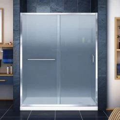 DreamLine Infinity-Z 74-3/4" High x 60" Wide 30" Deep Sliding Framed Shower Door with Frosted Glass, SlimeLine Shower Base Kit, and Right Drain