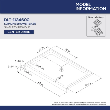 DreamLine Infinity-Z 74-3/4" High x 60" Wide 34" Deep Sliding Framed Shower Door with Clear Glass, SlimeLine Shower Base Kit, and Center Drain - Image 6