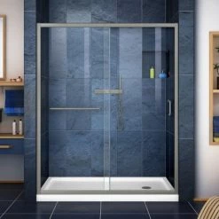 DreamLine Infinity-Z 74-3/4" High x 60" Wide 34" Deep Sliding Framed Shower Door with Clear Glass, SlimeLine Shower Base Kit, and Right Drain