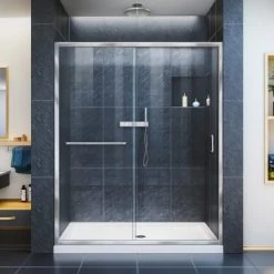 DreamLine Infinity-Z 74-3/4" High x 54" Wide 32" Deep Sliding Framed Shower Door with Clear Glass, SlimeLine Shower Base Kit, and Center Drain