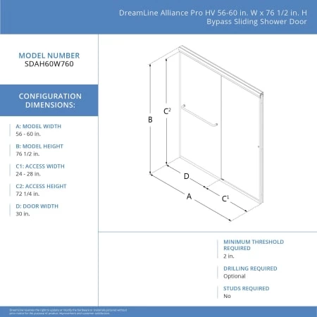 DreamLine Alliance Pro HV 76-1/2" High x 60" Wide Sliding Semi Frameless Shower Door with Clear Glass - Image 2